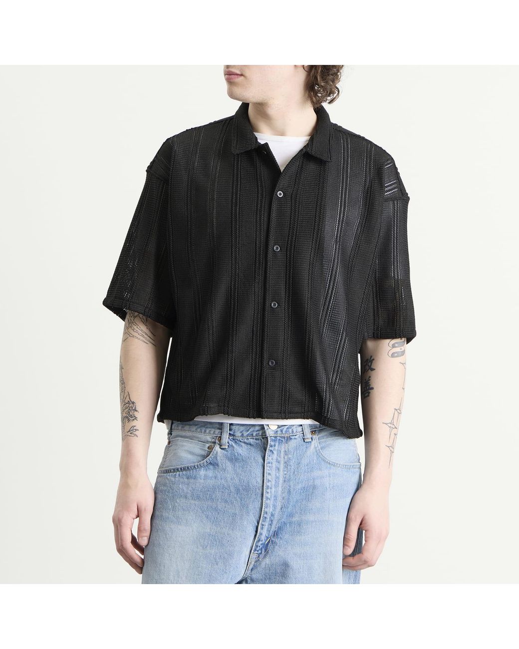 Beams Plus Black Mesh Open Collar Shirt for men