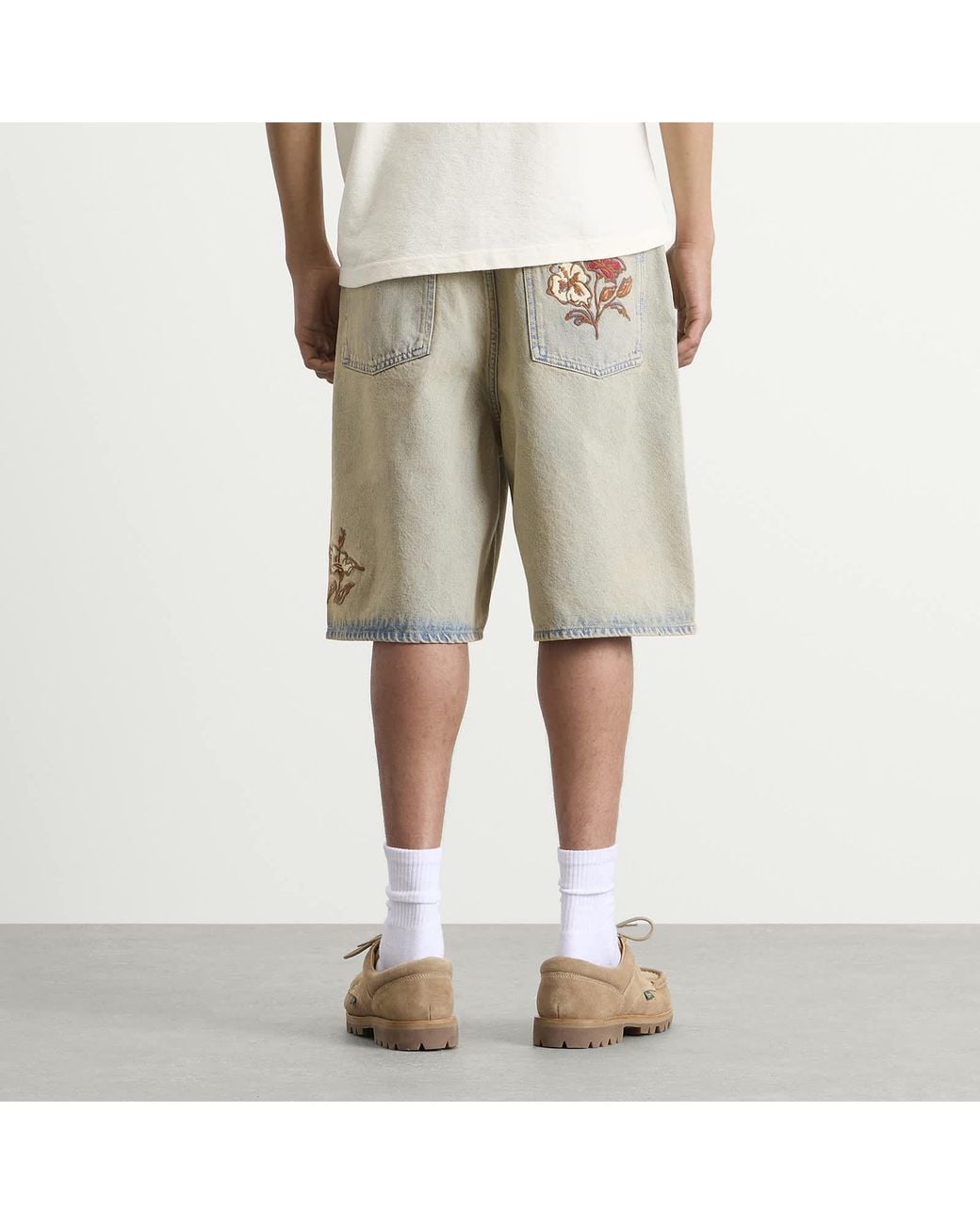 Drole de Monsieur Natural Embroidered Flowers Patch Denim Shorts for men