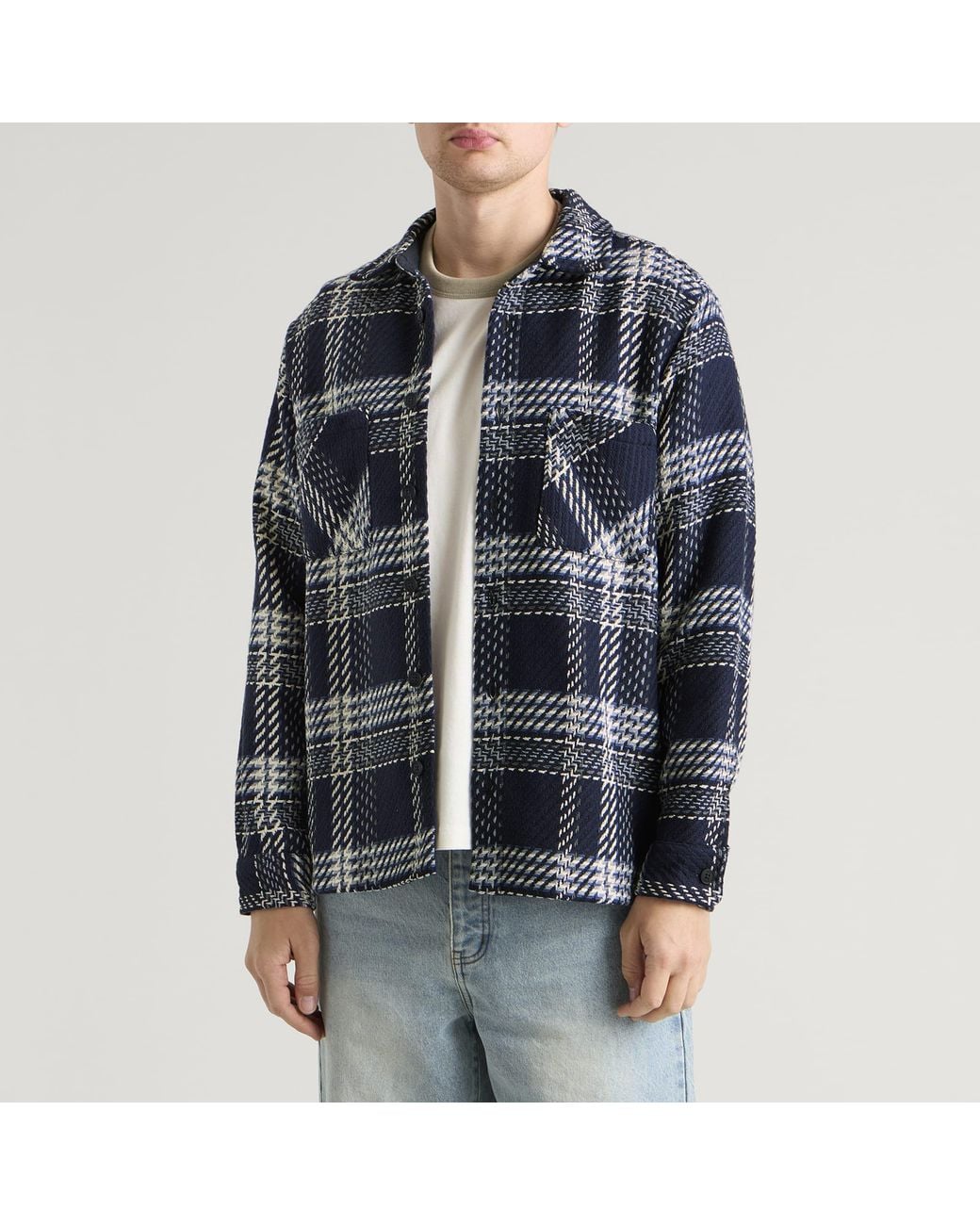 Wax London Blue Whiting Plaid Weave Overshirt for men