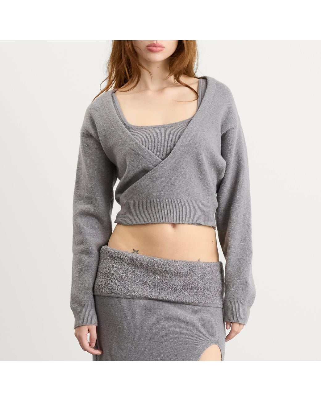 Skims Gray Textured Knit Crop Cardigan