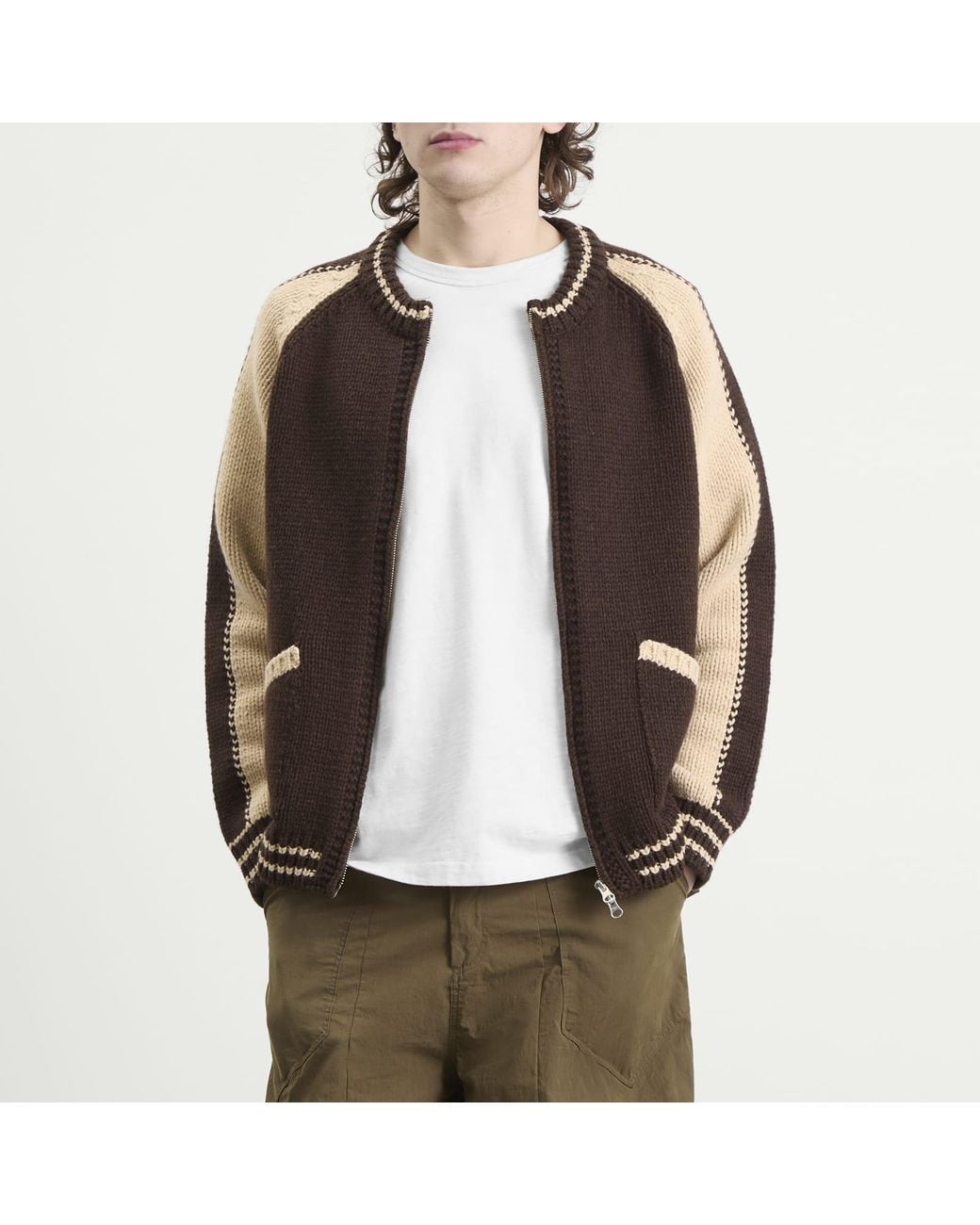 FRIZMWORKS Brown Wool Varsity Zip Cardigan for men
