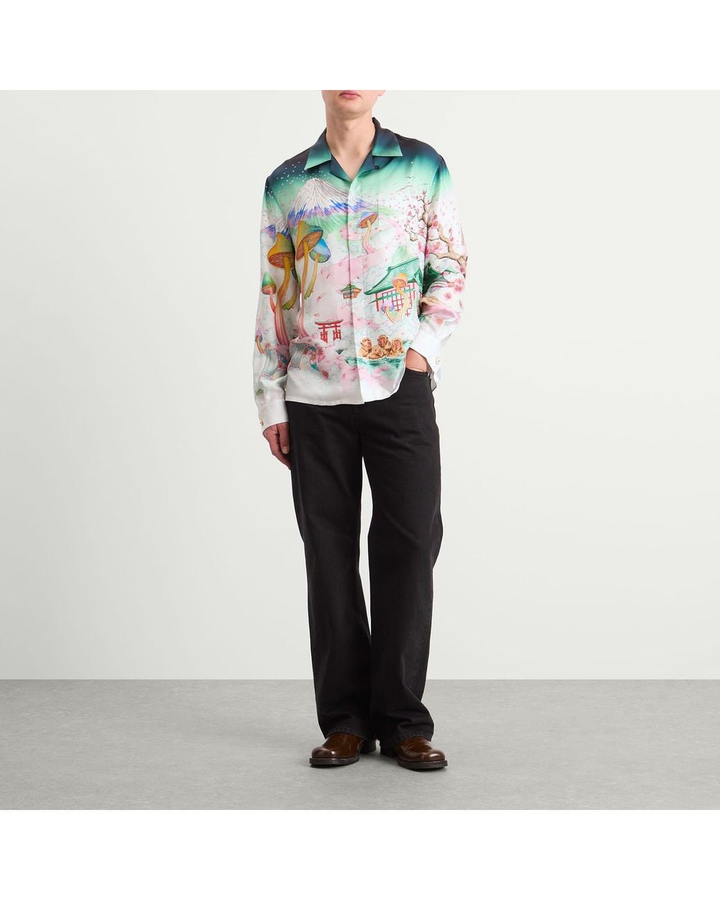 Casablanca Green Silk Twill Cuban Collar Long Sleeve Shirt for men