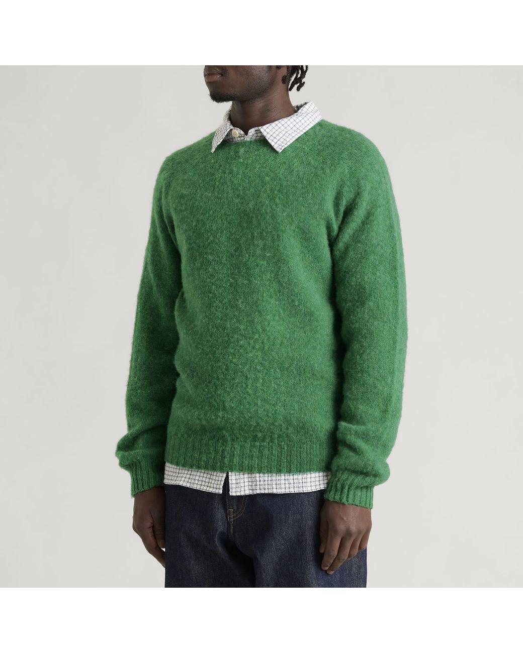 Drake's Green Brushed Shetland Crew Knit for men
