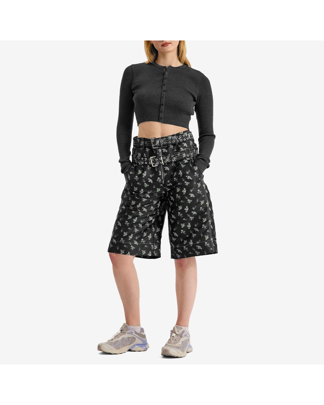 Ganni Floral Jacquard Long Shorts in Gray | Lyst