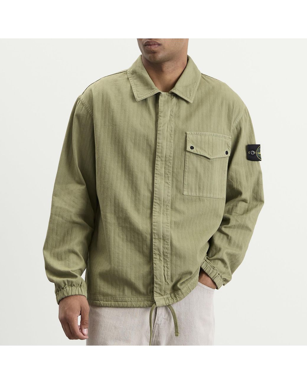 Stone Island Green Cotton Herringbone Zip Shirt Jacket for men