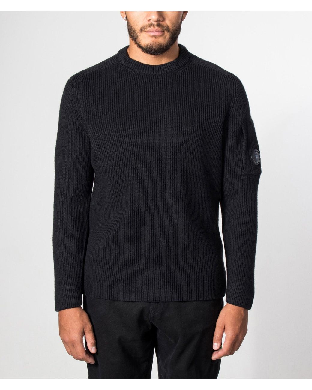 C P Company Blue Full Rib Cotton Crewneck Lens Jumper for men