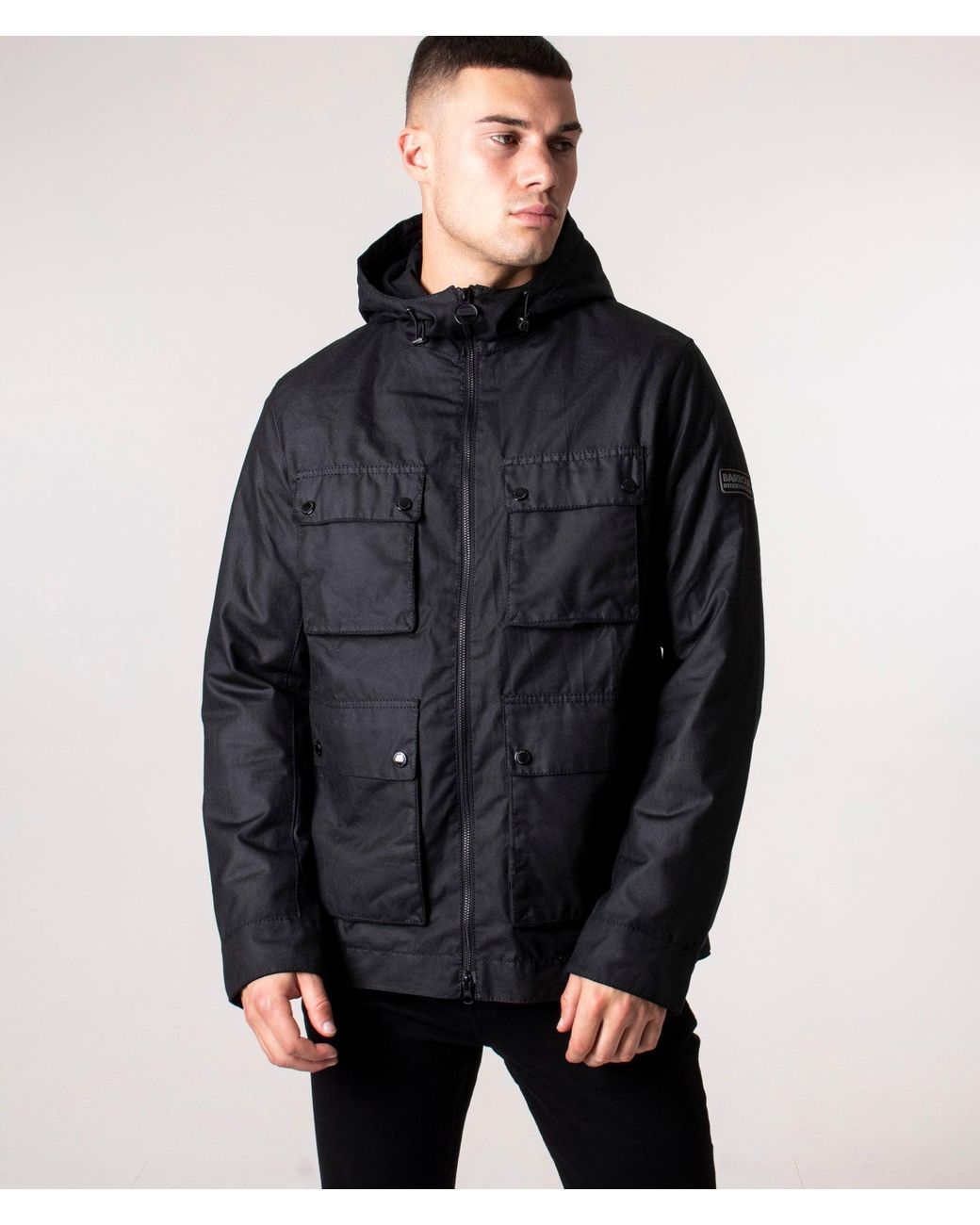Barbour Slim Fit Hood Mechanical A7 Wax Jacket in Black for Men | Lyst UK