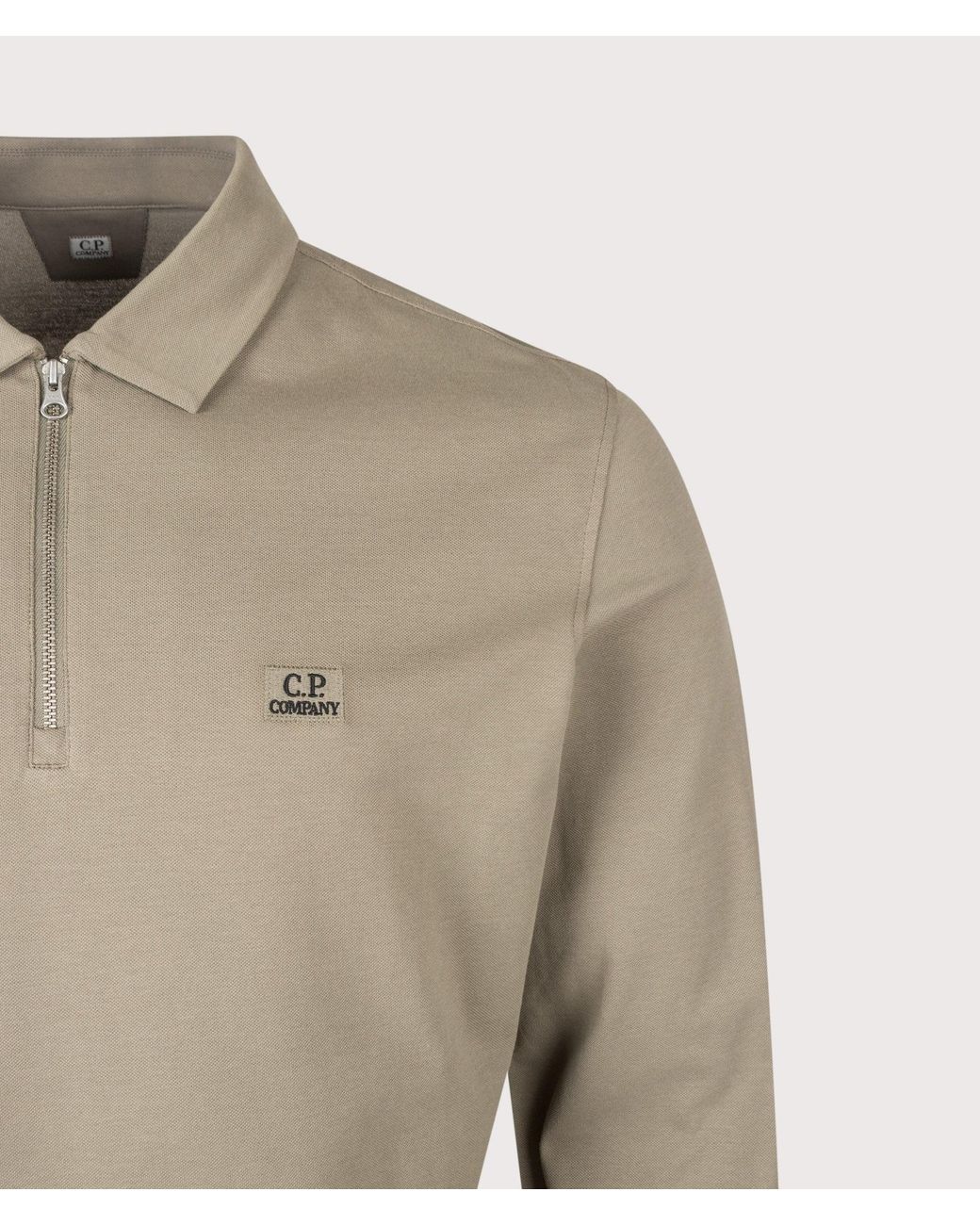 C P Company Natural Long Sleeve Stretch Piquet Zip Polo Shirt for men