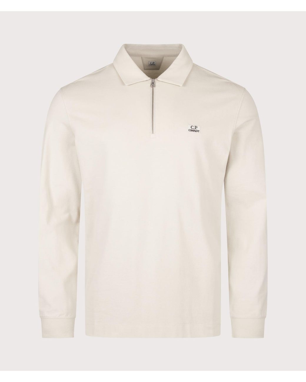 C P Company Natural Long Sleeve Stretch Piquet Zip Polo Shirt for men