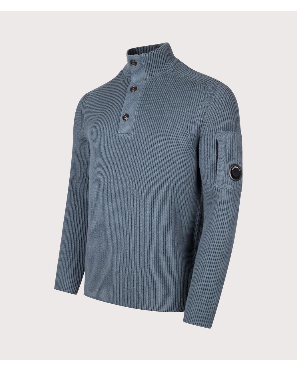 C P Company Blue Full Rib Cotton Half Button Lens Jumper for men