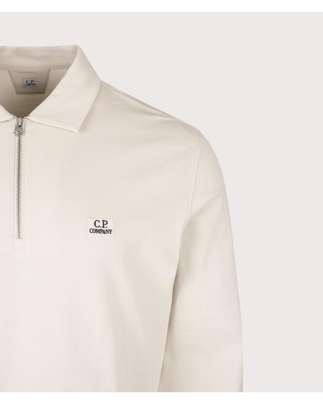 C P Company Natural Long Sleeve Stretch Piquet Zip Polo Shirt for men
