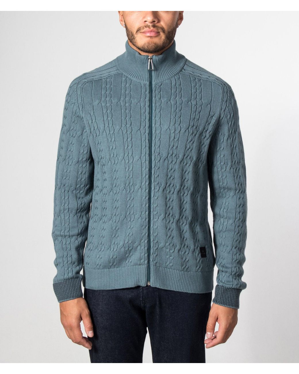 Paul Smith Blue Cable Knit Zip Through Cardigan for men