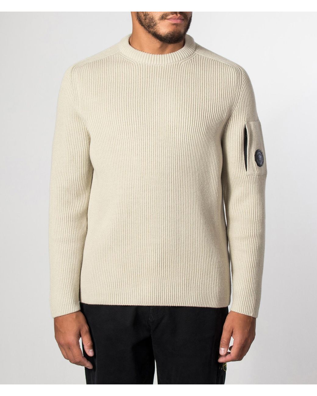 C P Company Natural Full Rib Cotton Crewneck Lens Jumper for men