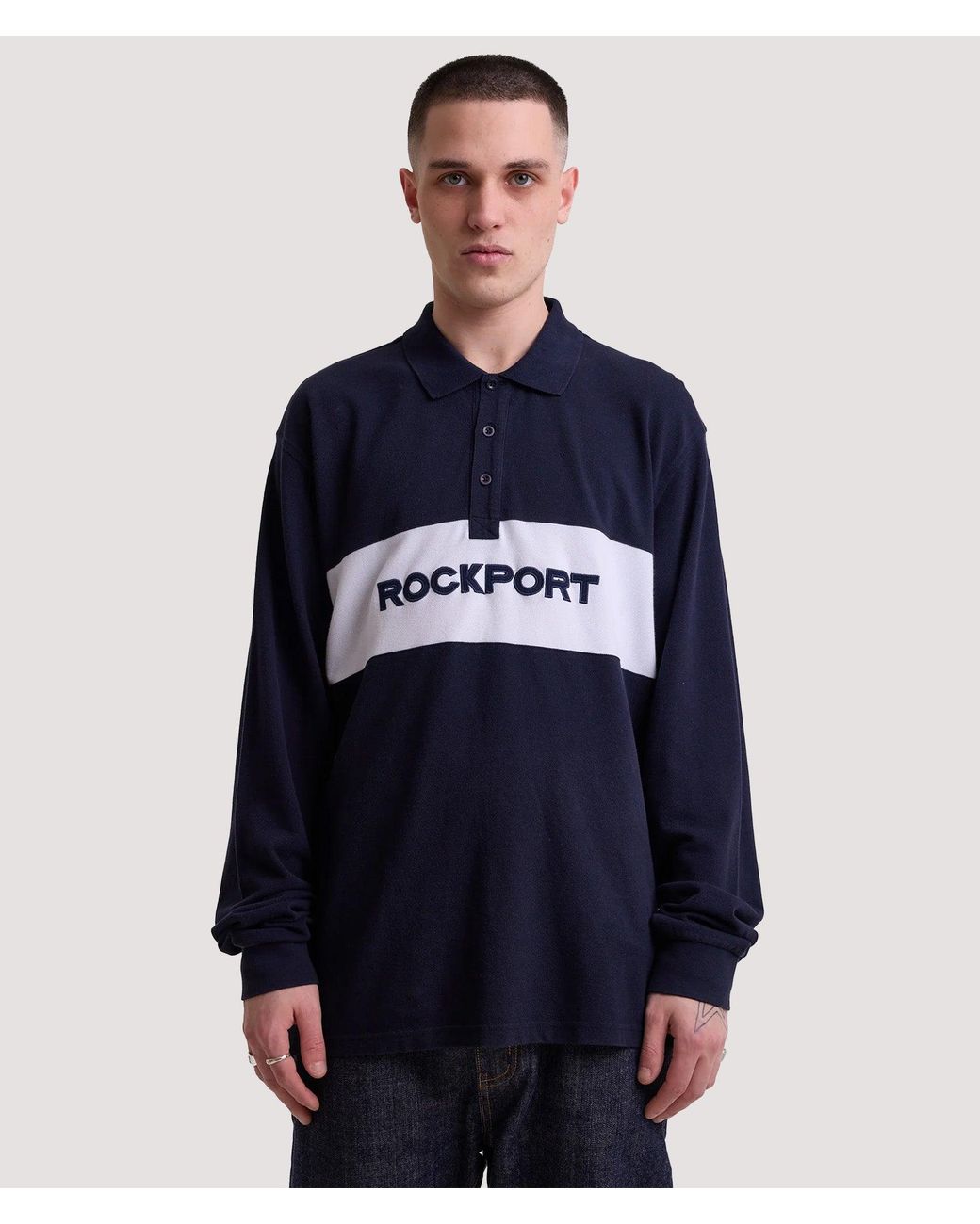 Rockport Blue Relaxed Fit Hill Long Sleeve Panel Polo Shirt for men