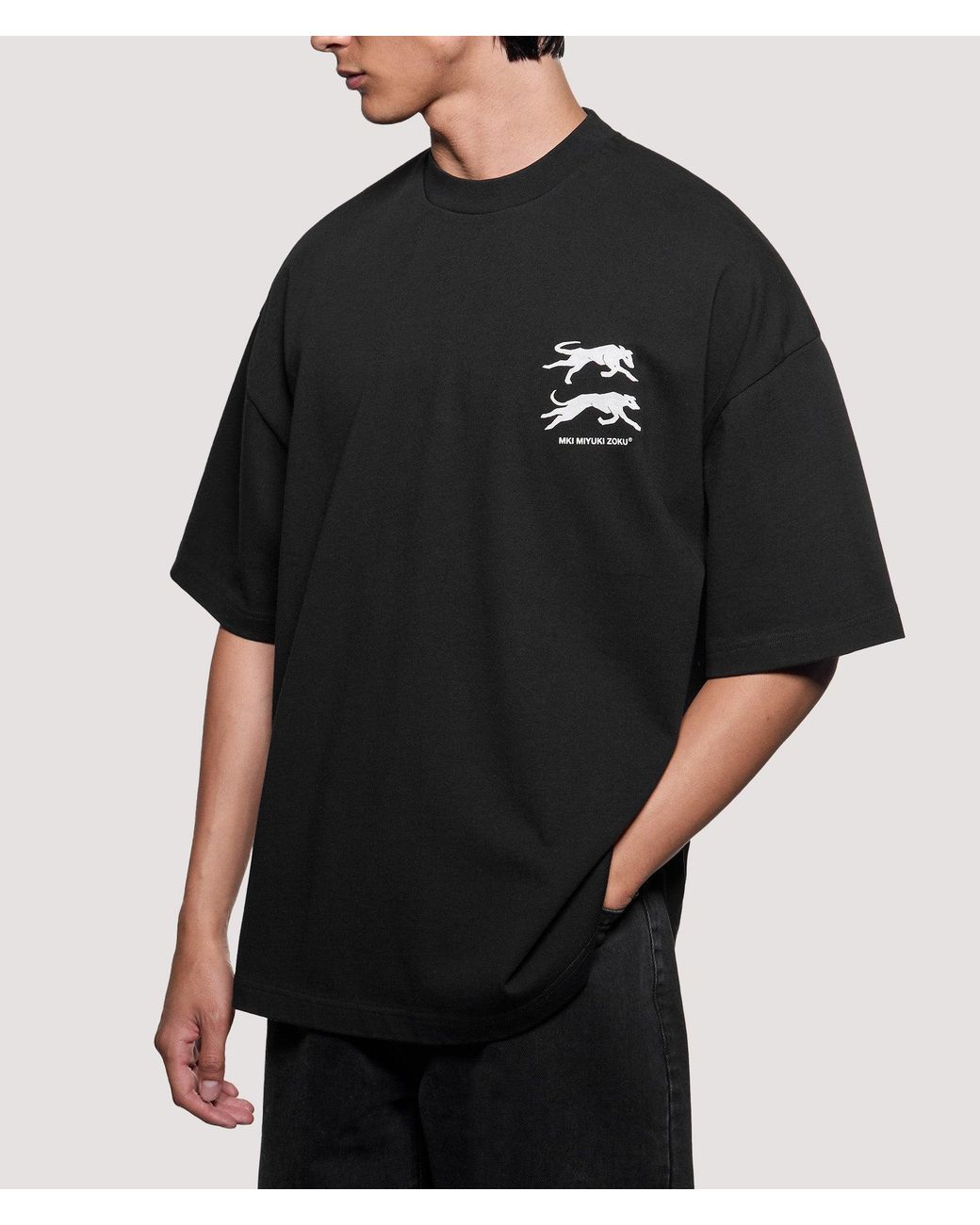 MKI Miyuki-Zoku Black Oversized Box Fit Greyhound T-Shirt for men