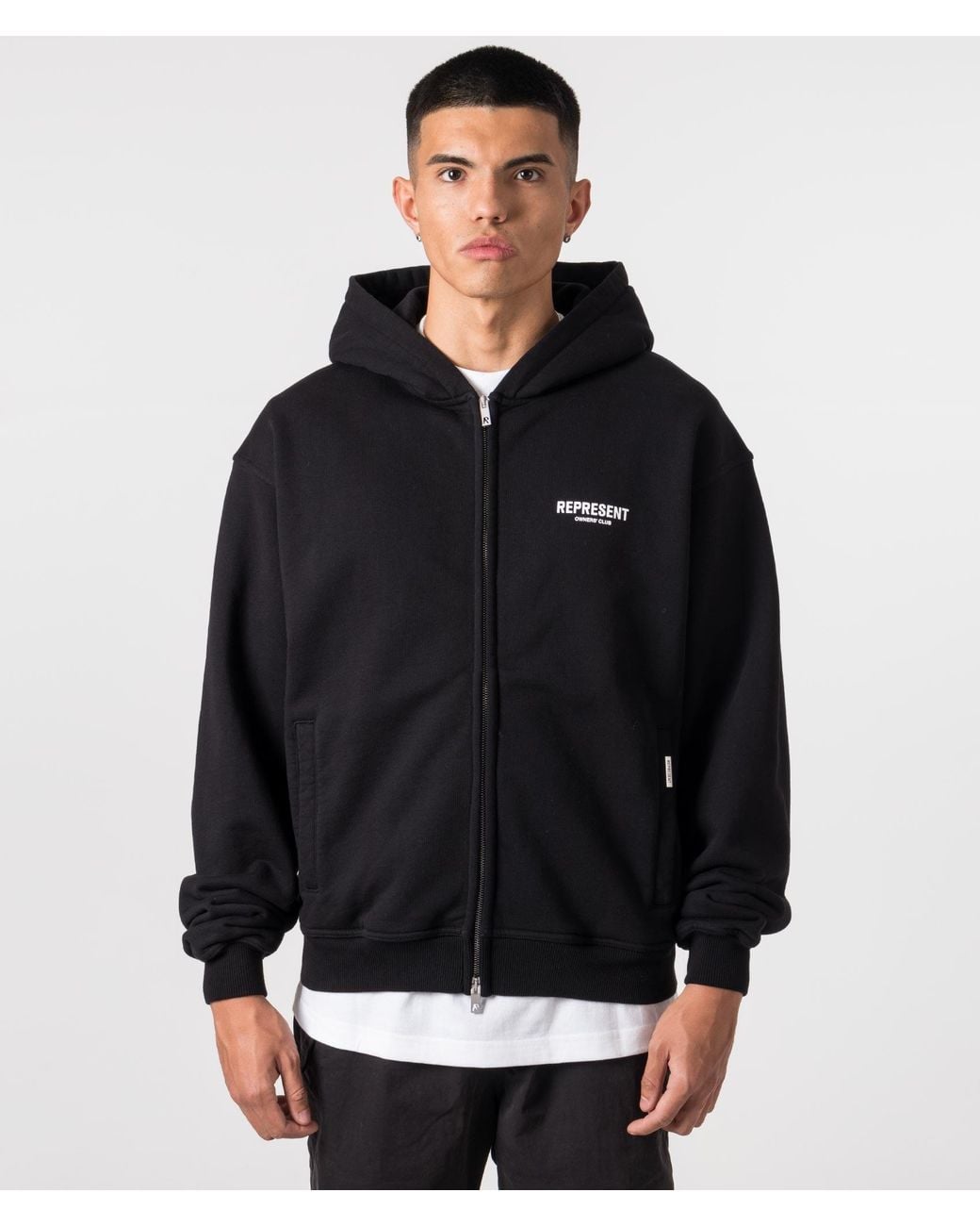 Represent Black Relaxed Fit Owners Club Zip Through Hoodie for men