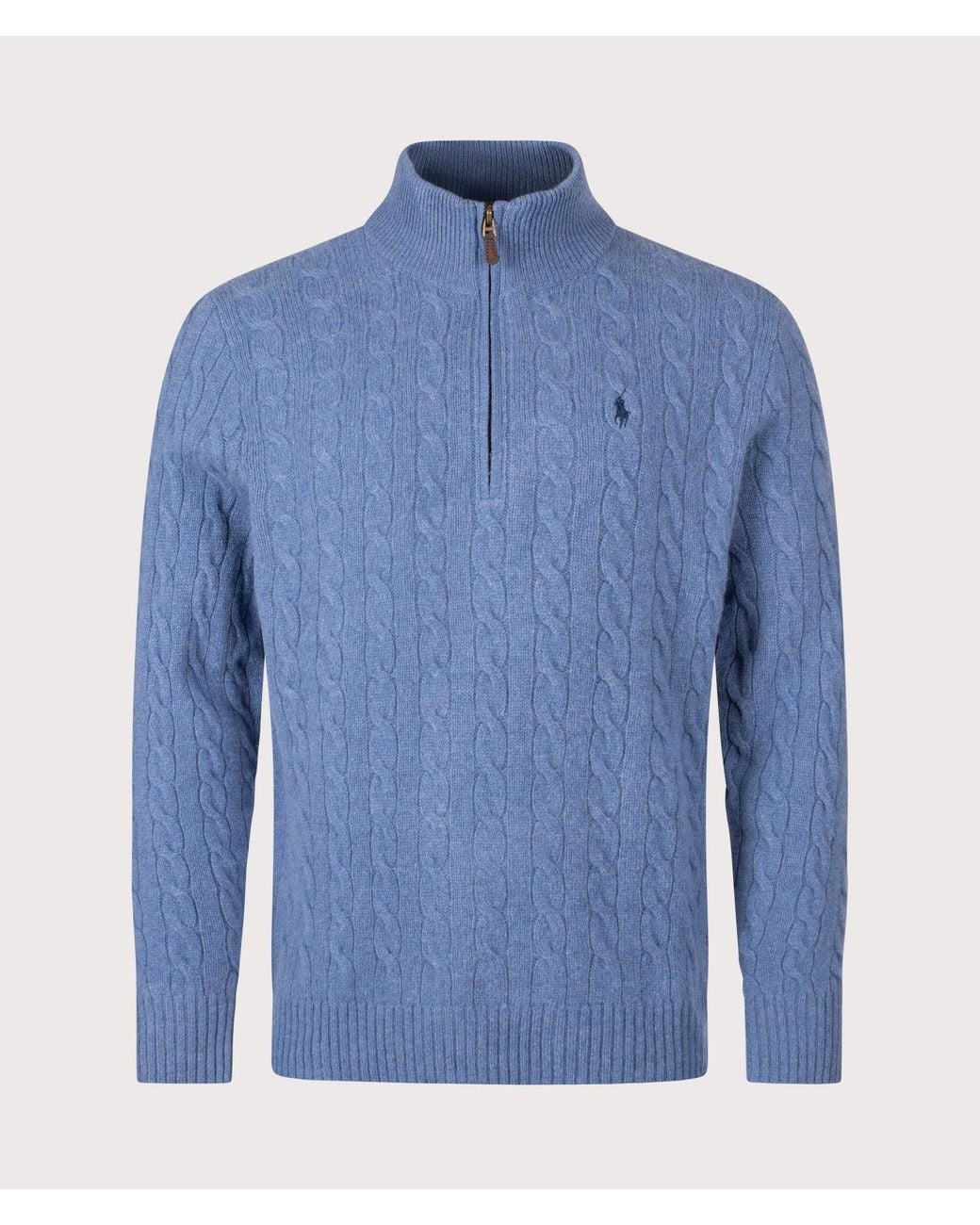 Polo Ralph Lauren Blue Cashmere Blend Quarter Zip Cable Knit Jumper for men