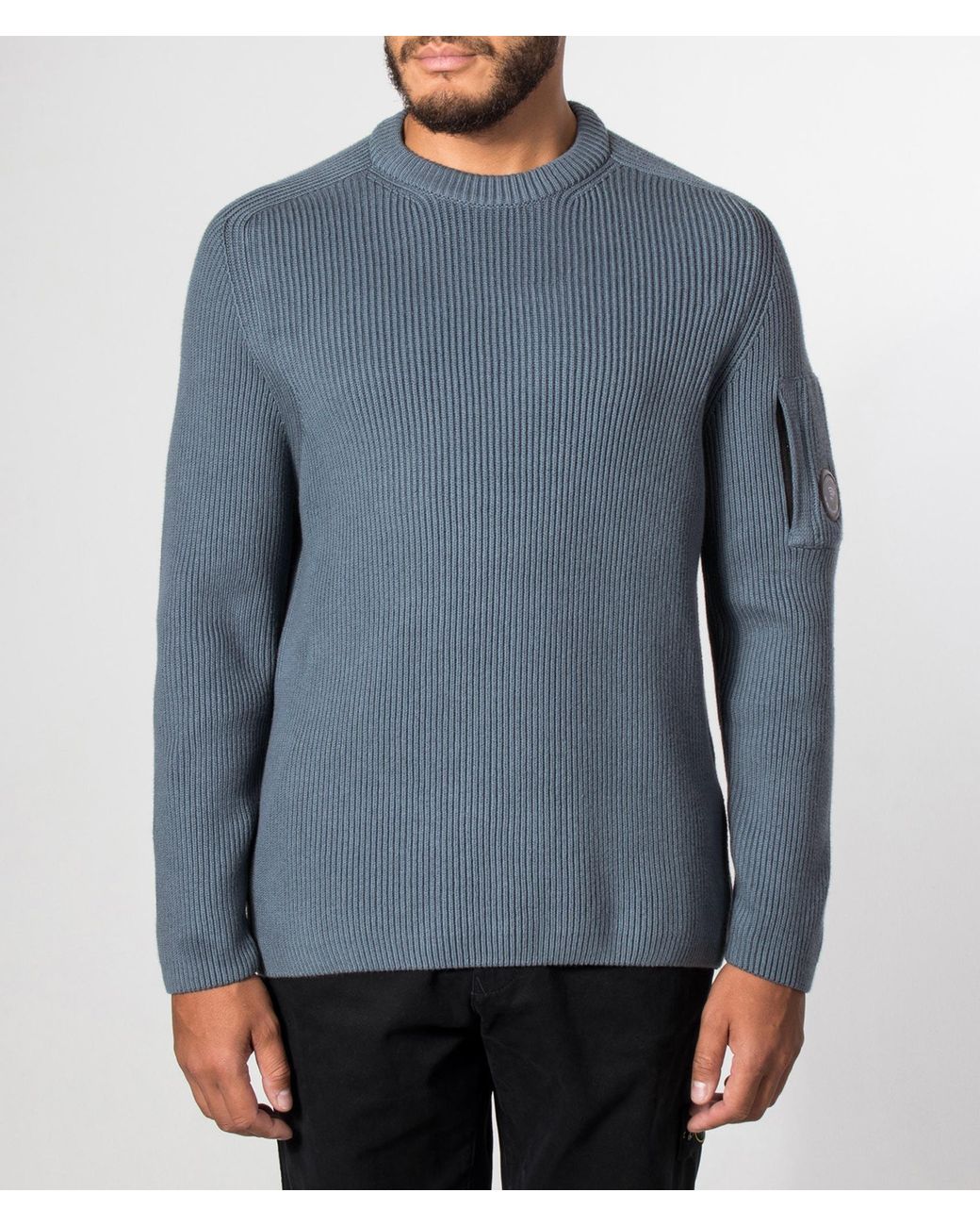 C P Company Blue Full Rib Cotton Crewneck Lens Jumper for men