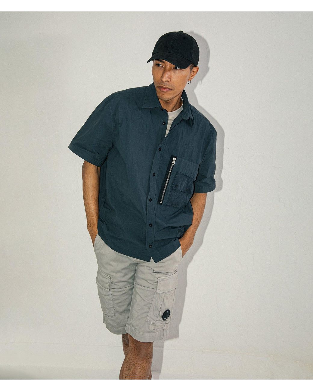 C P Company Blue Garment Dyed Tactel Short Sleeve Shirt for men