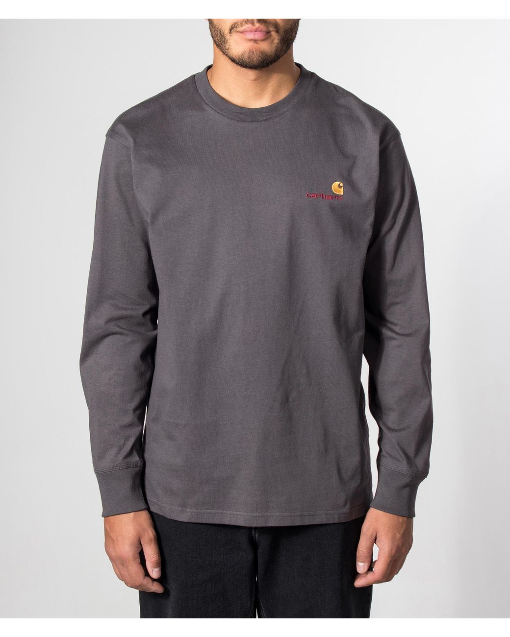 Carhartt Gray Loose Fit American Script Long Sleeve T-Shirt for men