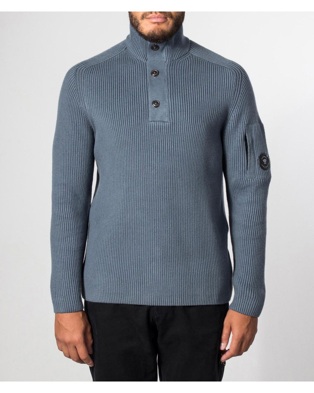 C P Company Blue Full Rib Cotton Half Button Lens Jumper for men