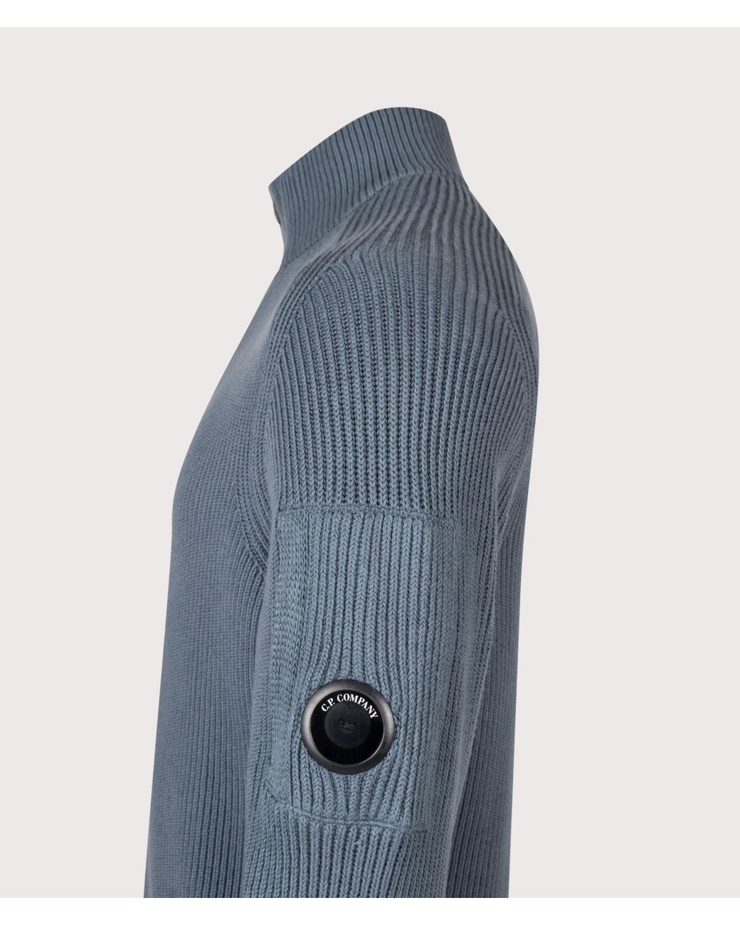 C P Company Blue Full Rib Cotton Half Button Lens Jumper for men