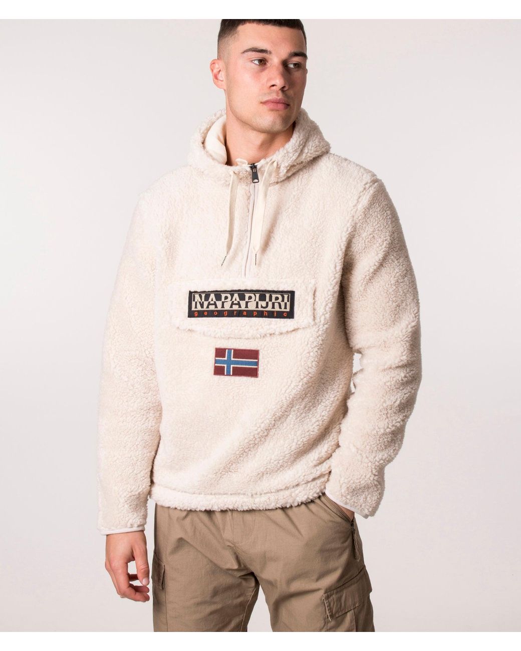Napapijri Quarter Zip Burgee Fleece Hoodie in Natural for Men