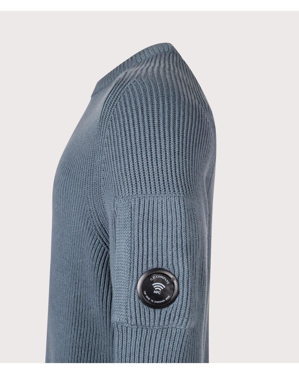 C P Company Blue Full Rib Cotton Crewneck Lens Jumper for men
