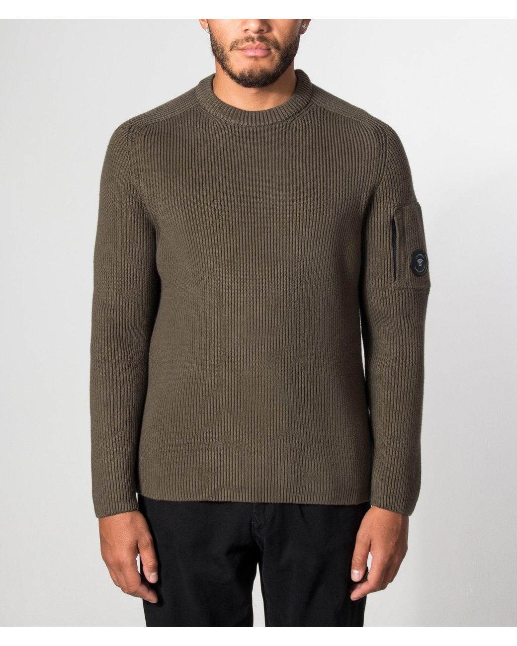 C P Company Gray Full Rib Cotton Crewneck Lens Jumper for men