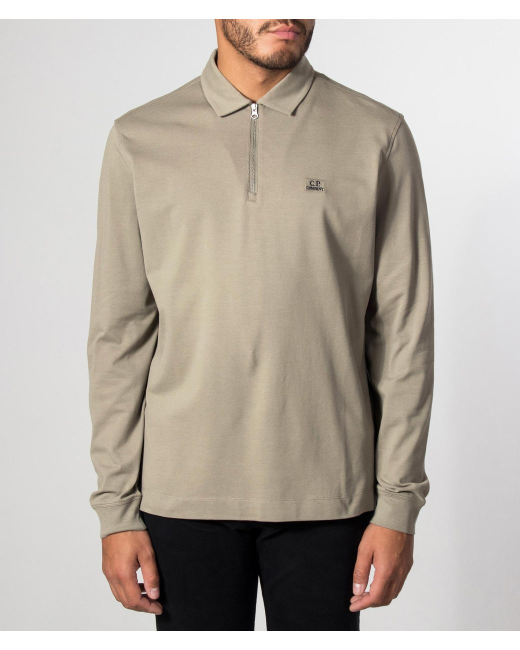 C P Company Natural Long Sleeve Stretch Piquet Zip Polo Shirt for men