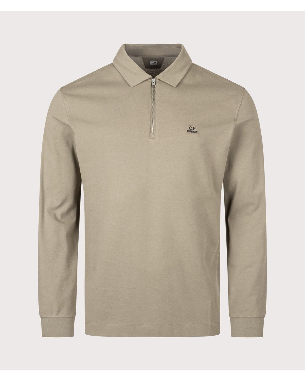 C P Company Natural Long Sleeve Stretch Piquet Zip Polo Shirt for men