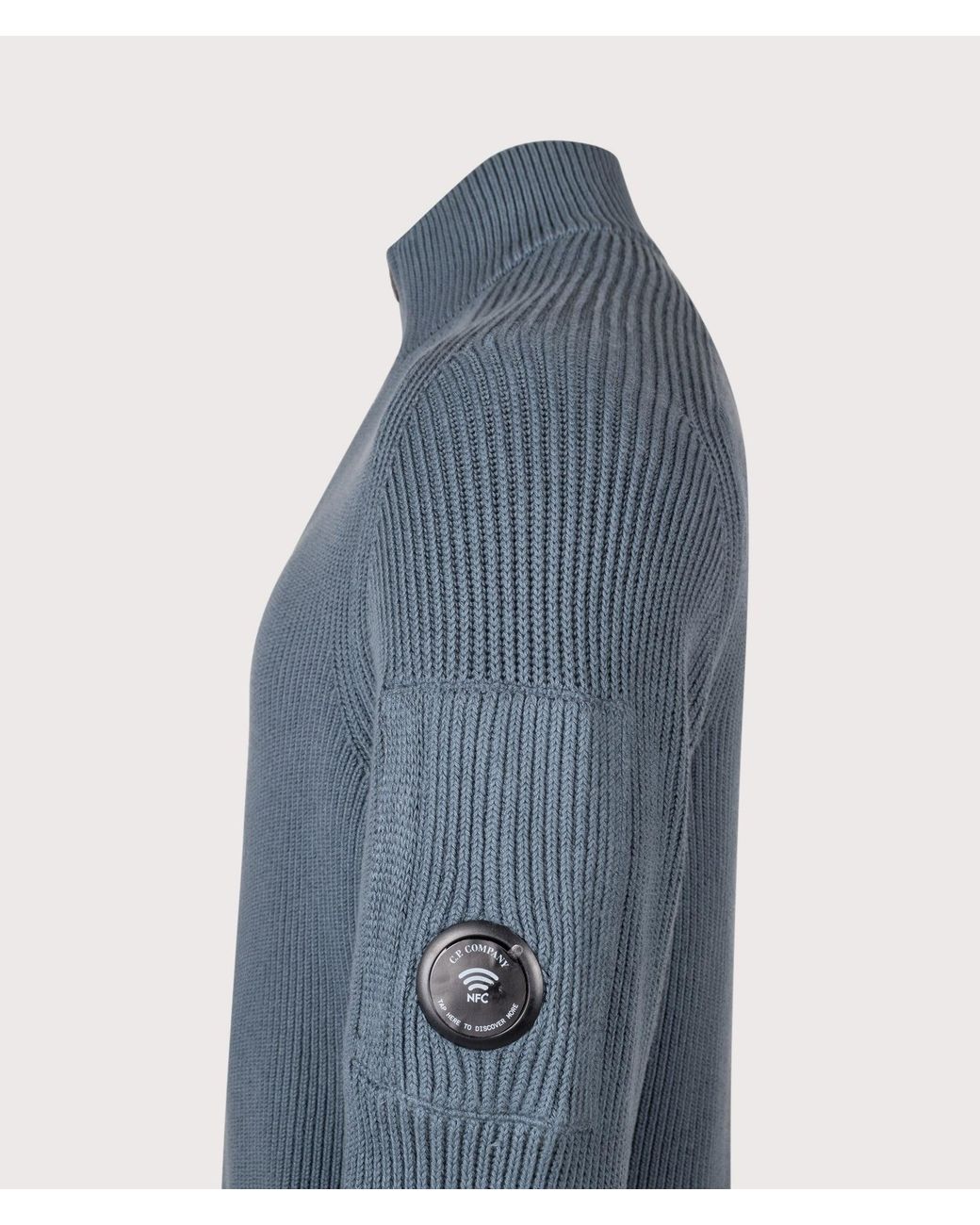 C P Company Blue Full Rib Cotton Half Button Lens Jumper for men