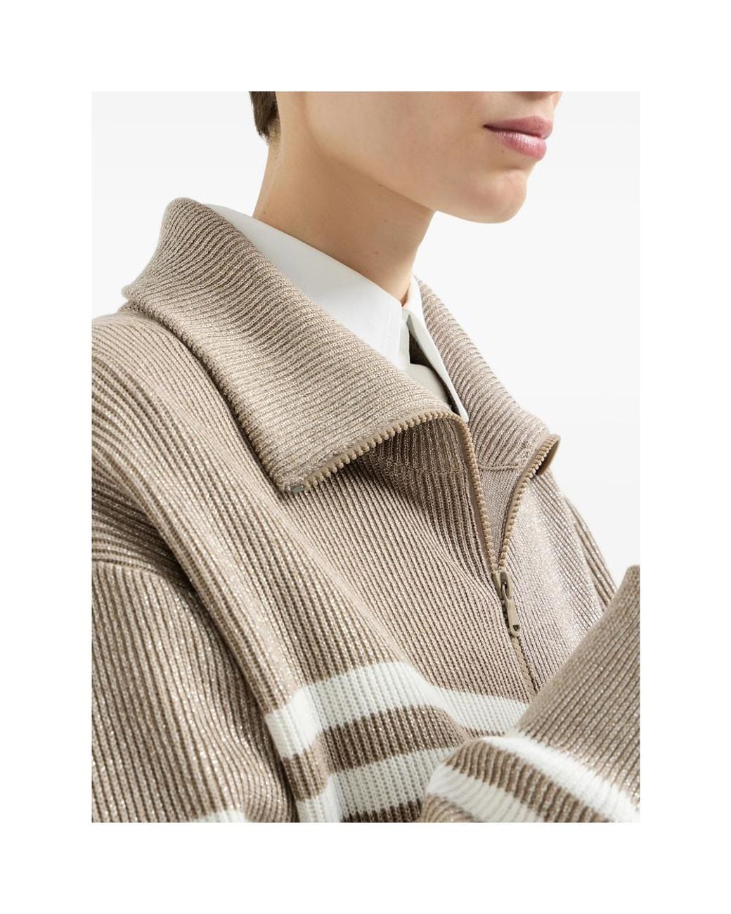Brunello Cucinelli Natural Sparkling Cotton Striped English Rib Cardigan With Zipper And Monili