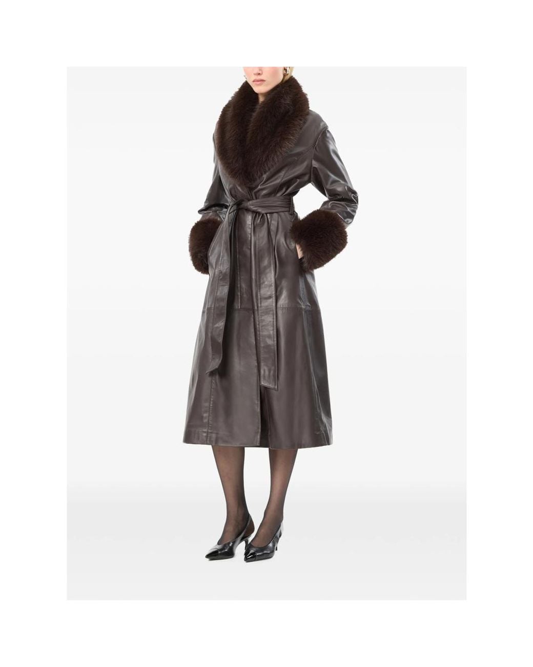 ROTATE BIRGER CHRISTENSEN Black Faux-Fur Collar Leather Coat