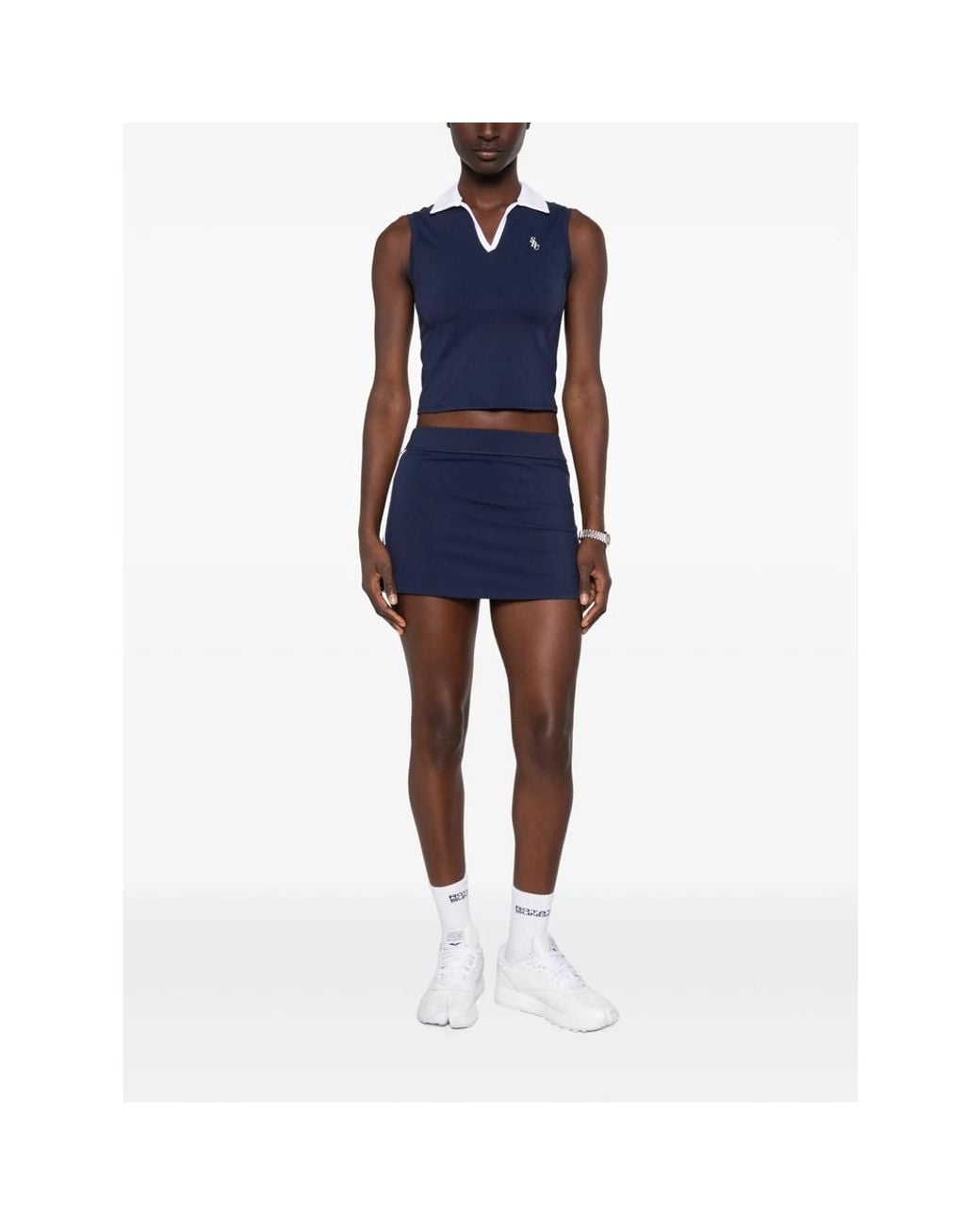 Sporty & Rich Blue Logo-Embroidered Contrast-Trim Tennis Mini Skirt