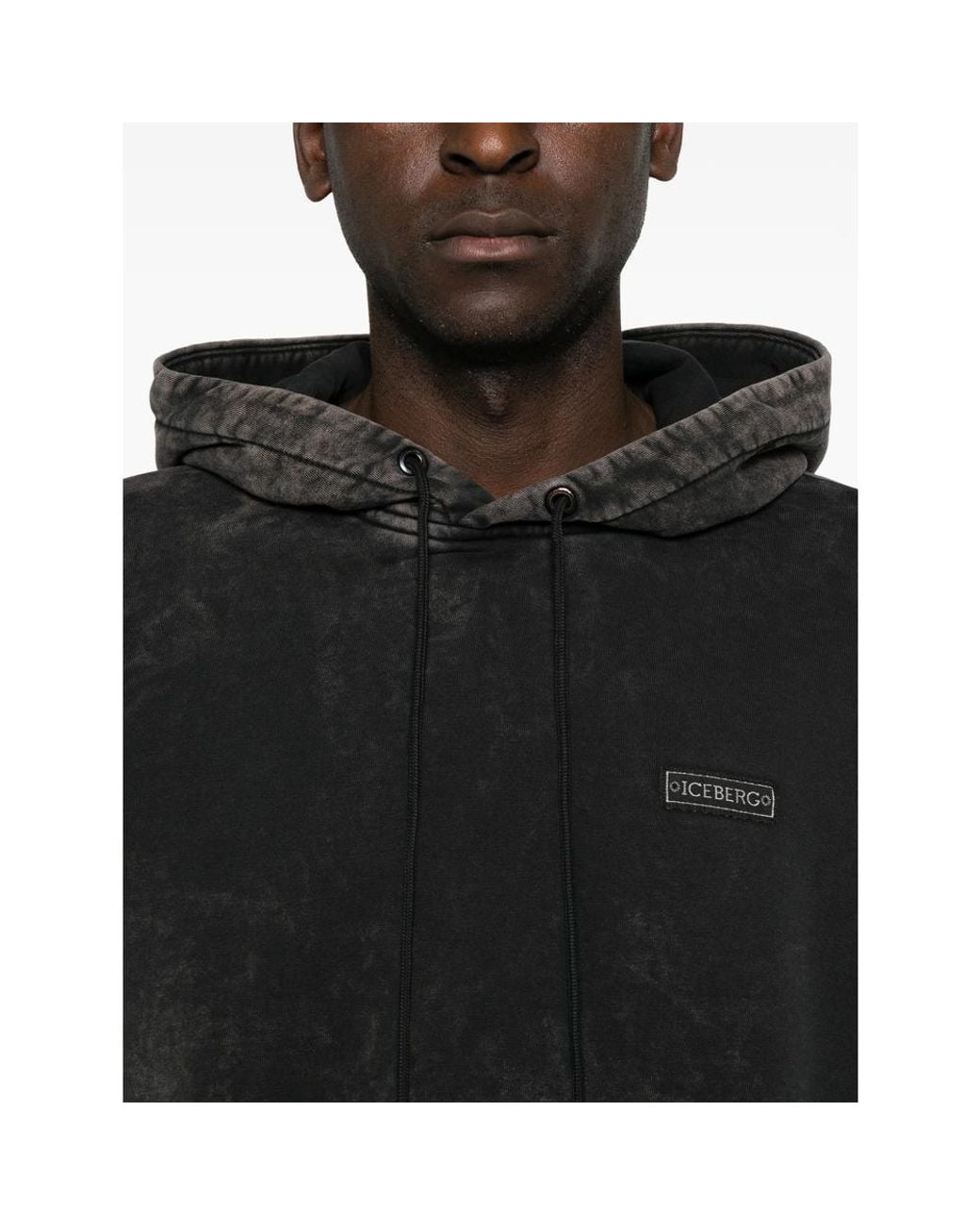 Iceberg Black Acid-Wash Logo-Patch Hoodie for men