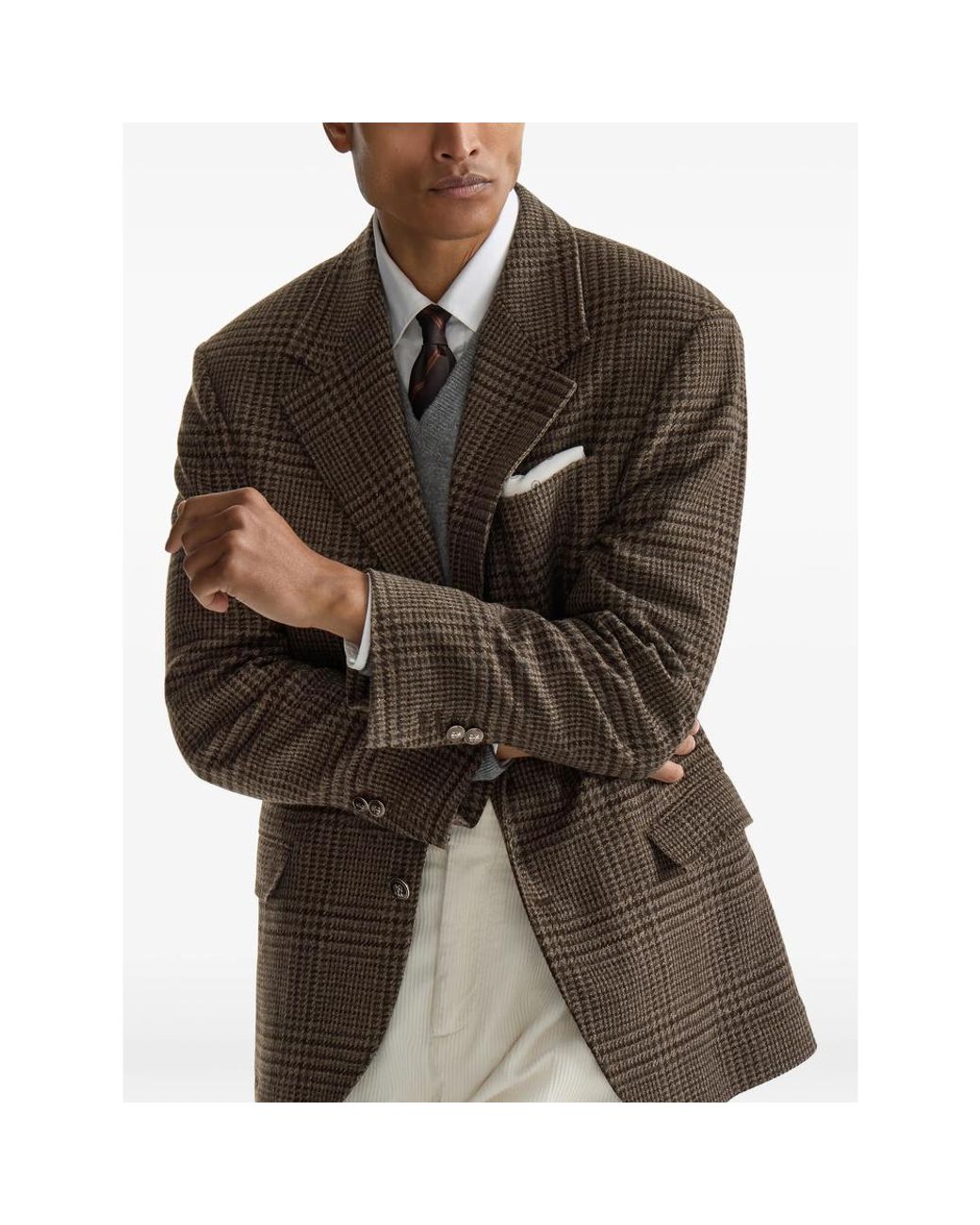 Brunello Cucinelli Green Cashmere Prince Of Wales Tailor Blazer for men