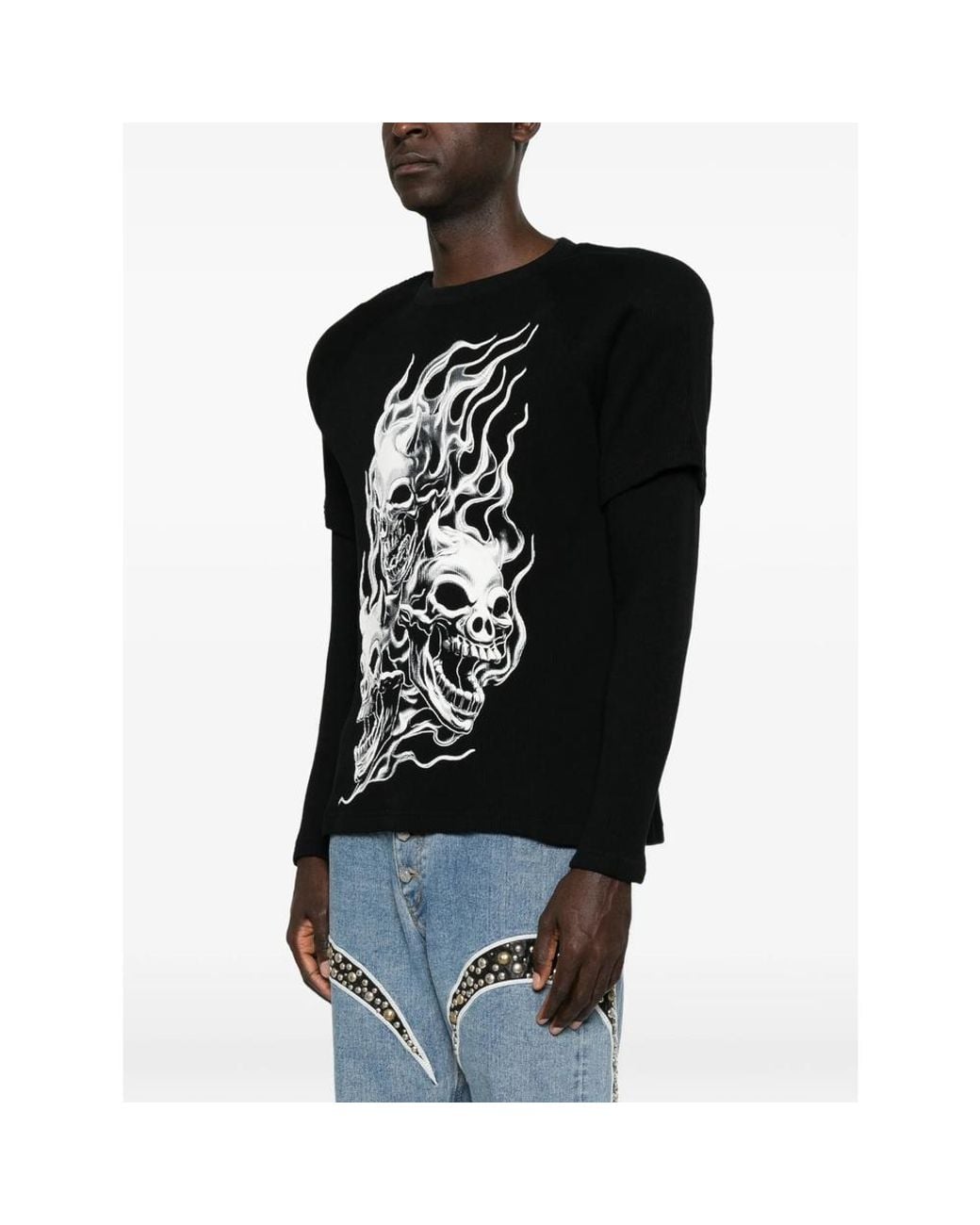THUG CLUB Black Skull-Print Layered-Sleeve Sweatshirt for men