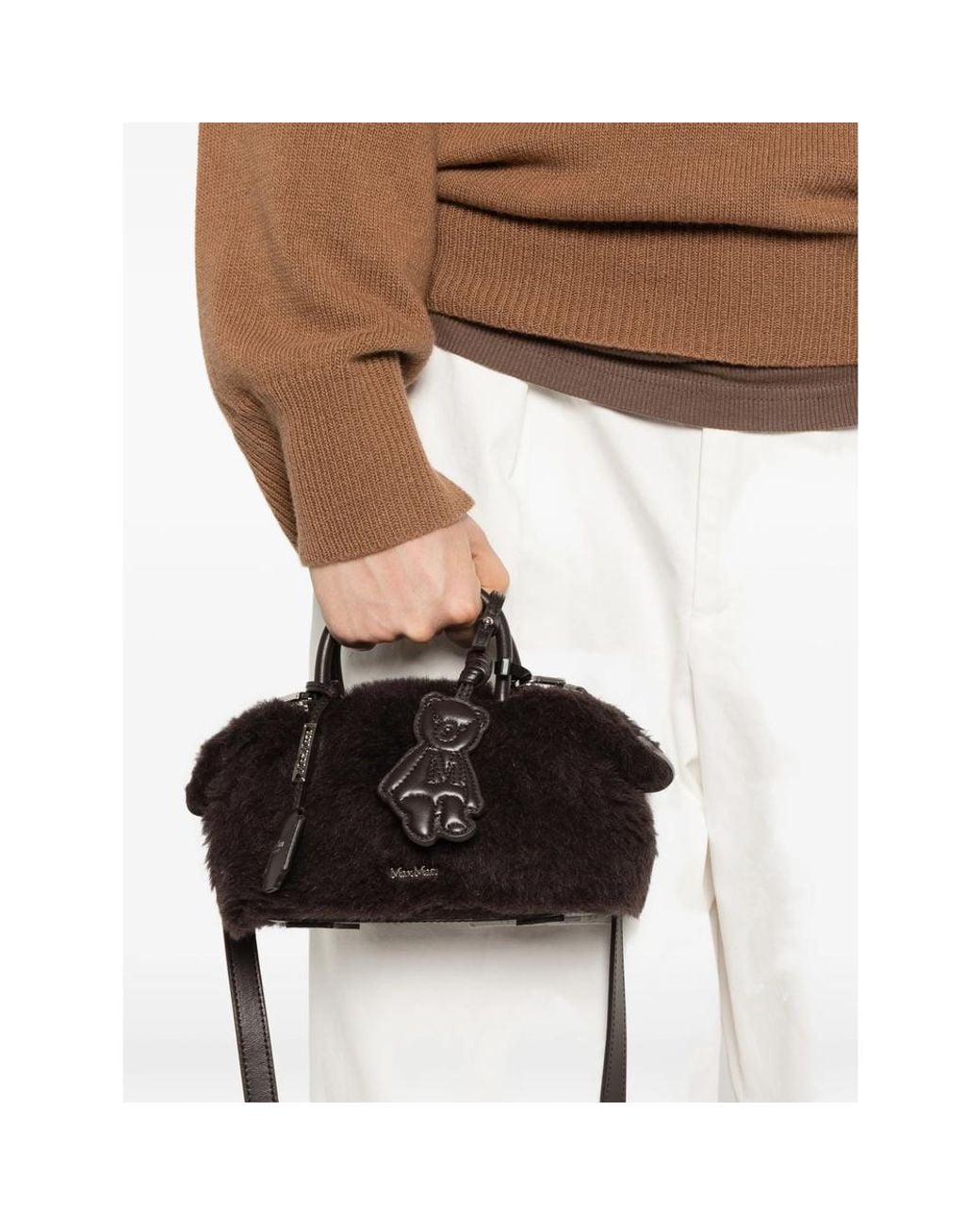 Max Mara Black Mxatedholdalls1 Teddy-Texture Bear-Charm Tote Bag