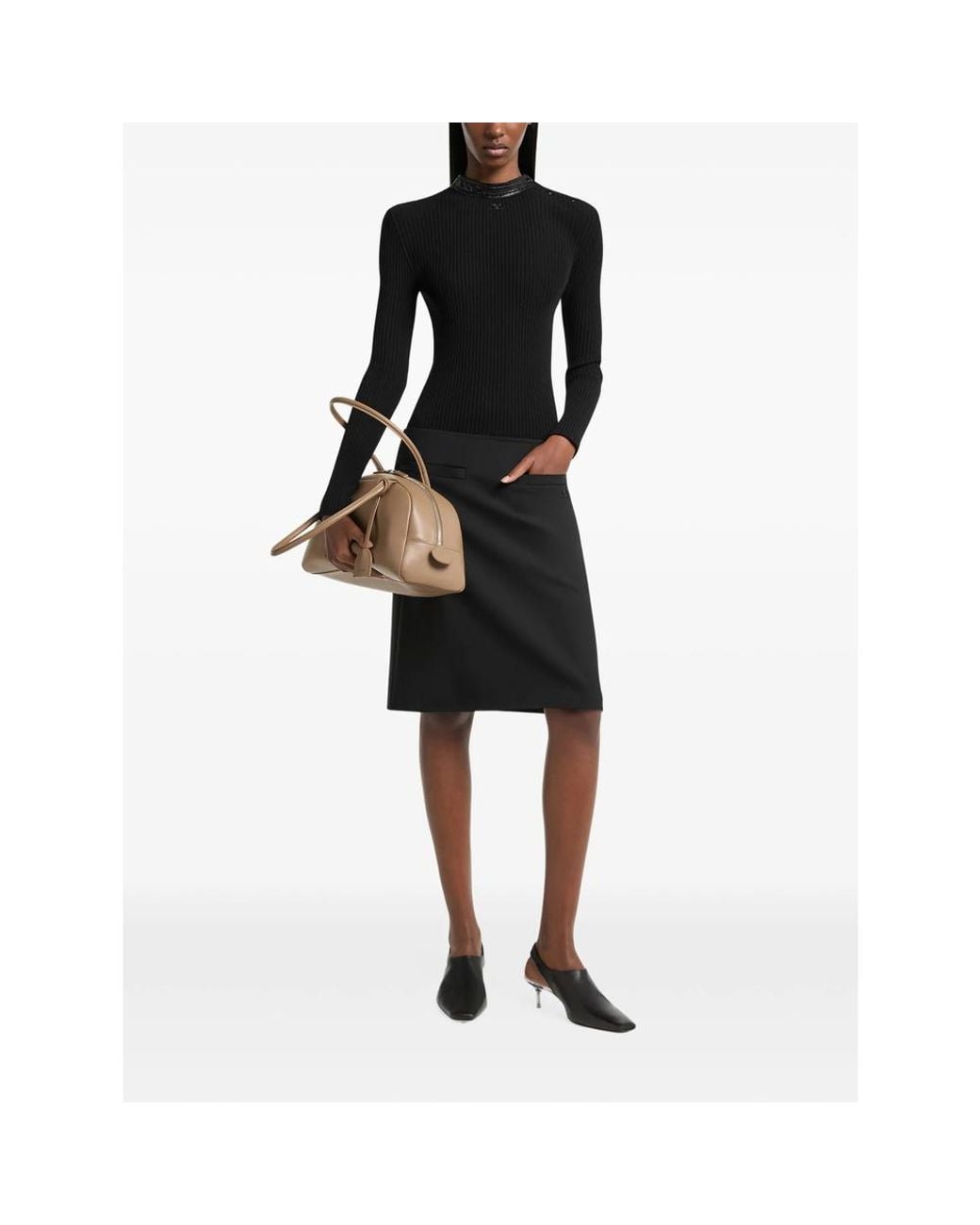 Courreges Black Vinyl Collar Ribbed Knit Sweater