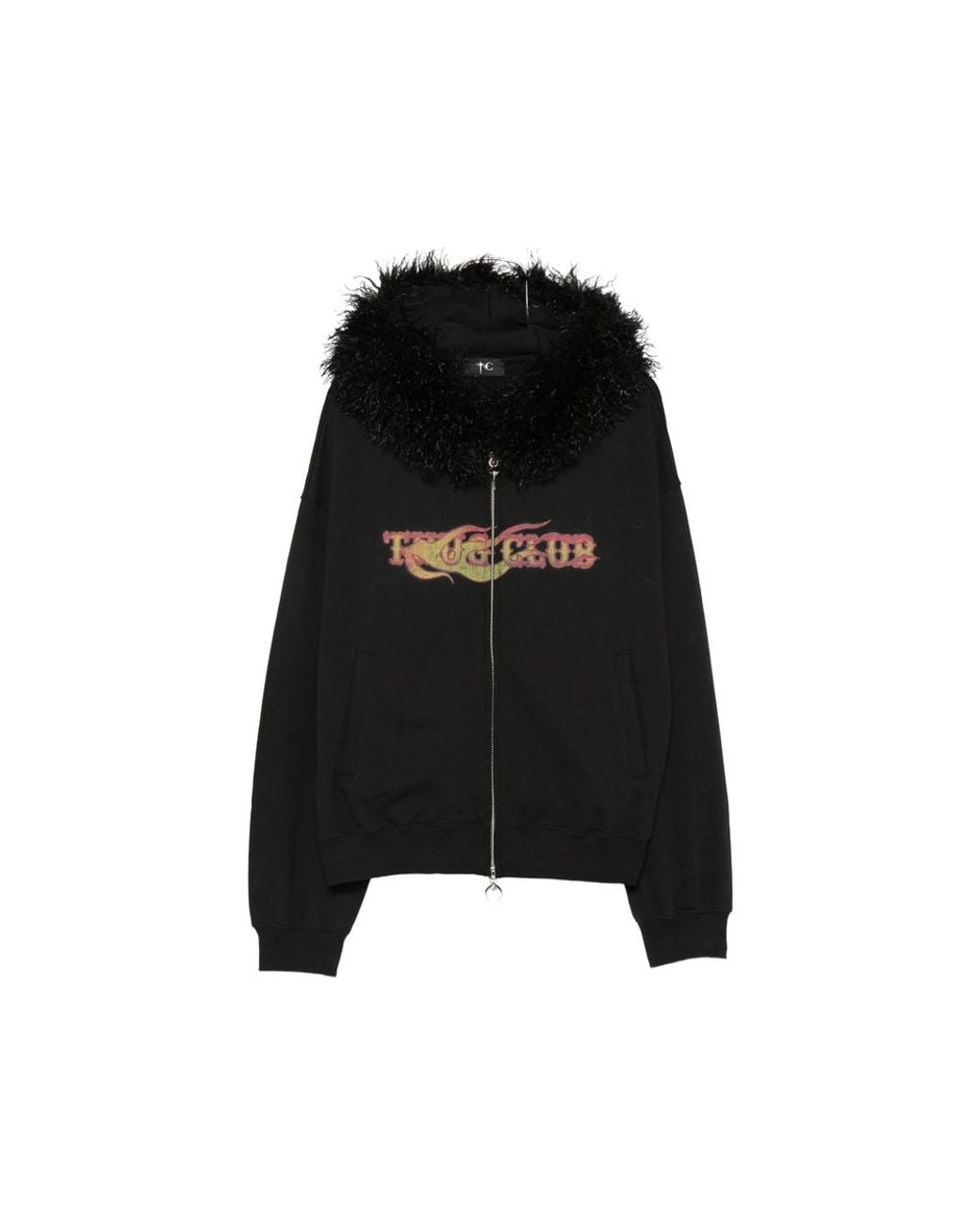 THUG CLUB Black Faux-Fur Trim Graphic-Print Hoodie for men
