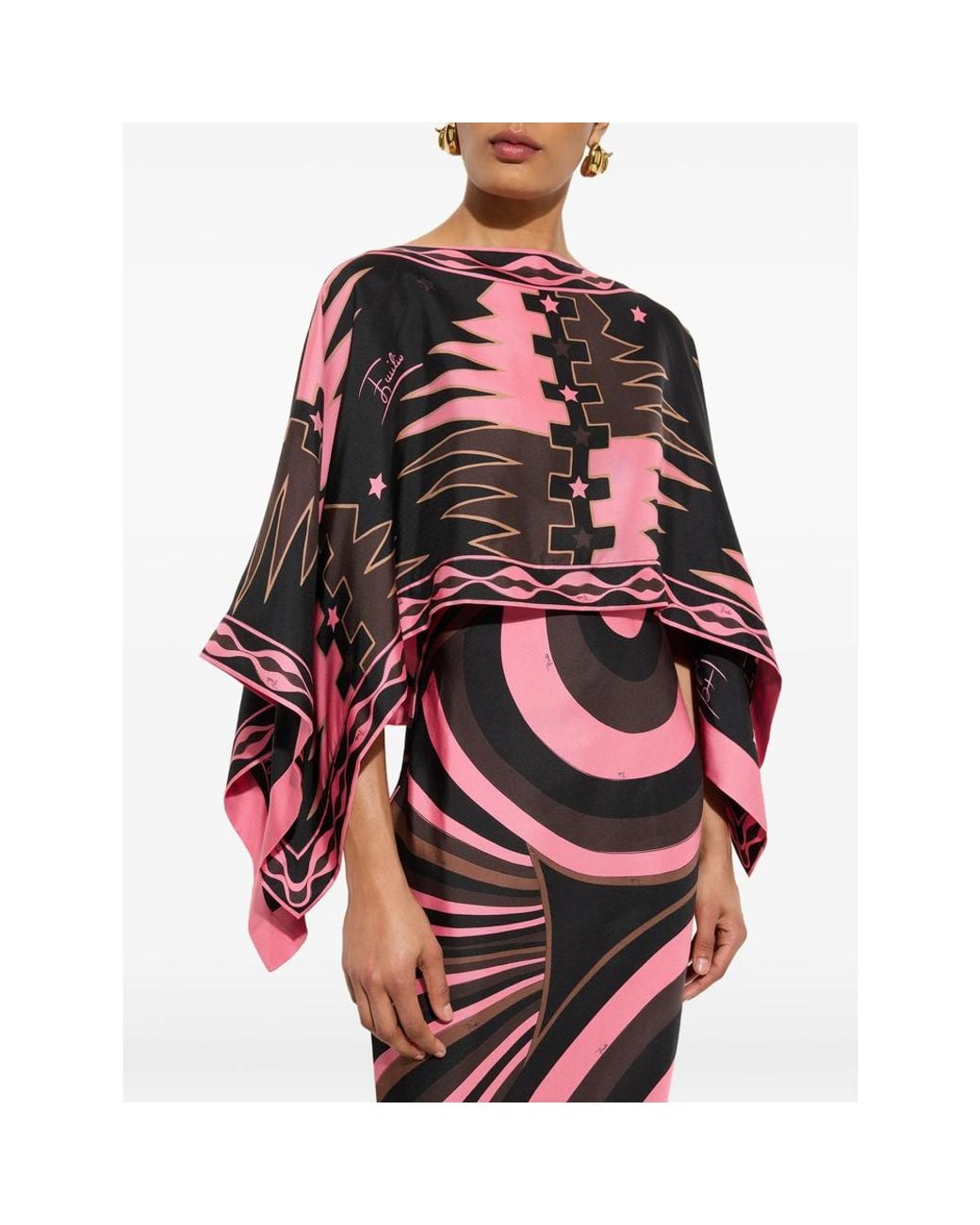 Emilio Pucci Red Iride Print Silk Dress With Cape