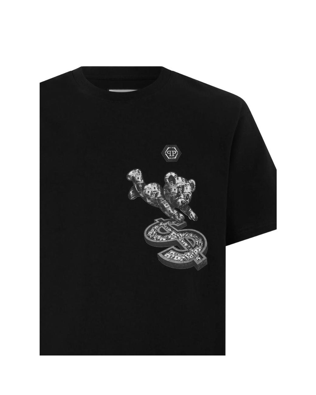 Philipp Plein Black Round Neck T-Shirt Teddy Dollar Patch for men