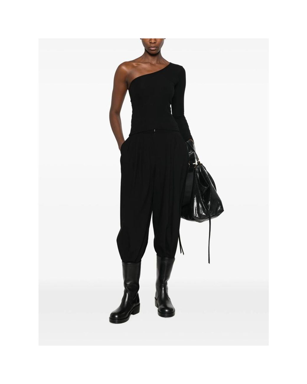 Baserange Black One-Shoulder Ribbed-Knit Top