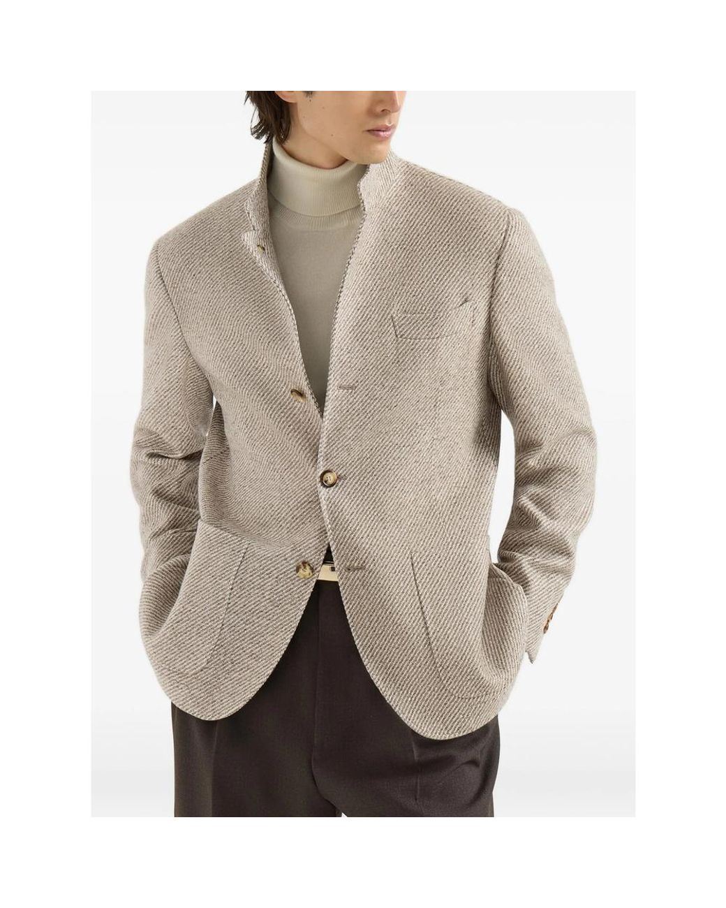 Brunello Cucinelli Natural Cashmere And Silk Diagonal Outerwear Blazer With Patch Pockets for men