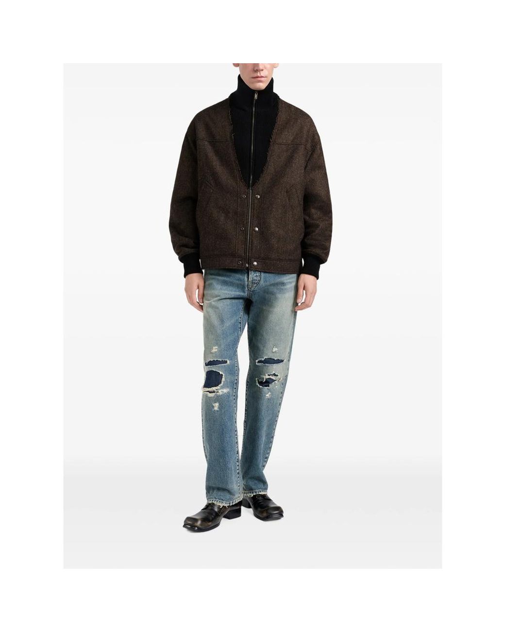 Maison Margiela Black Herringbone-Pattern Zipped Bomber Jacket for men