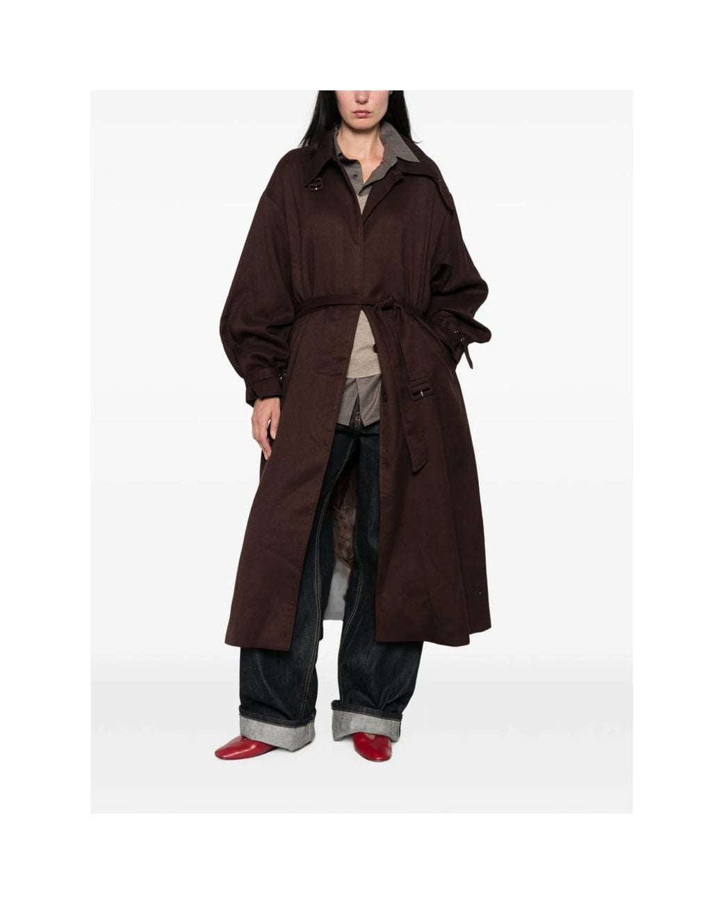 LA PISCINE Brown Belted Oversized-Collar Jacket