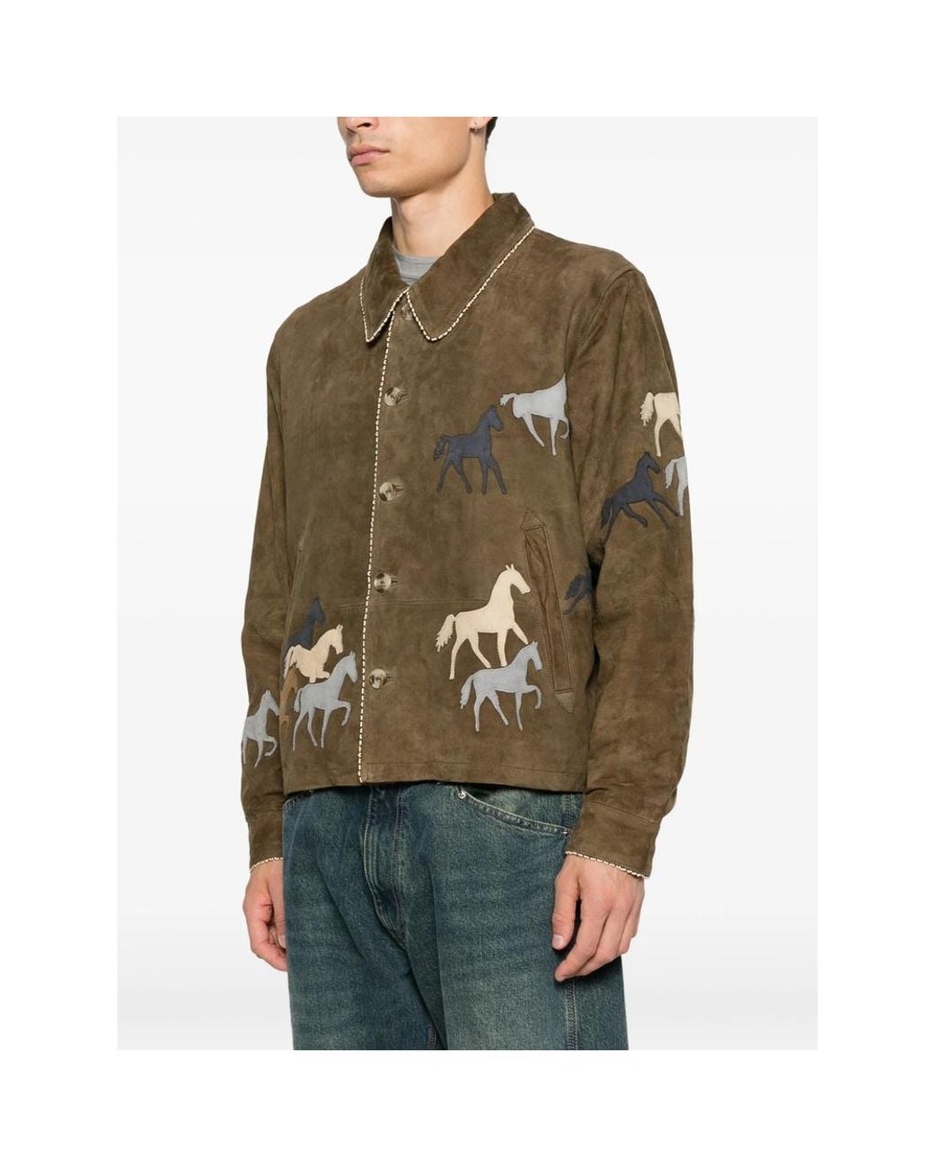 BAZISZT Green Valero Horse-Patchwork Leather Jacket for men