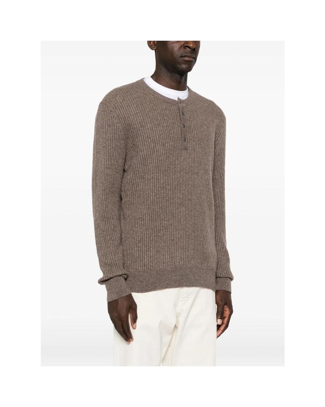 Roberto Collina Brown Ribbed-Knit Henley Sweater for men
