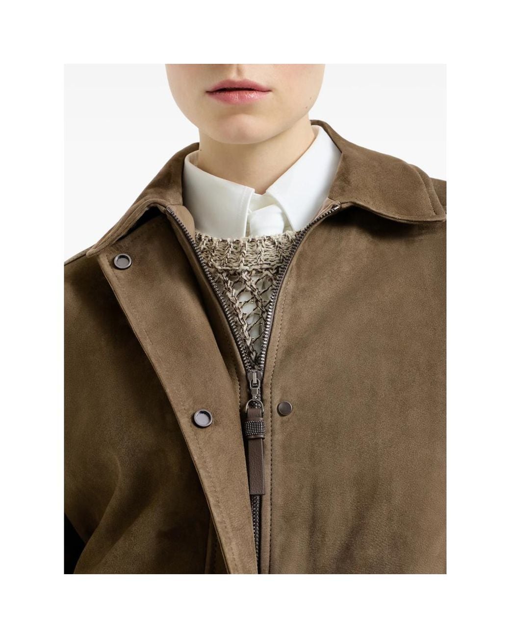 Brunello Cucinelli Green Couture Suede Outerwear Jacket With Shiny Zipper Pull
